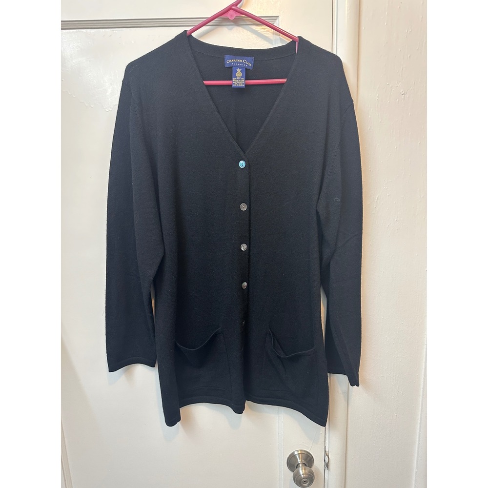 Charter Club Classics Womens Black Merino Wool V-Neck Button Cardigan Sweater L
